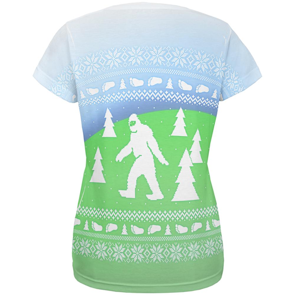 Ugly Christmas Sweater Bigfoot Sasquatch Yeti All Over Womens T Shirt Women's T-Shirts Old Glory   