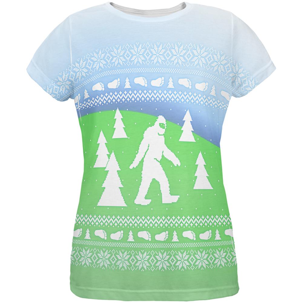 Ugly Christmas Sweater Bigfoot Sasquatch Yeti All Over Womens T Shirt Women's T-Shirts Old Glory 2XL Multi 