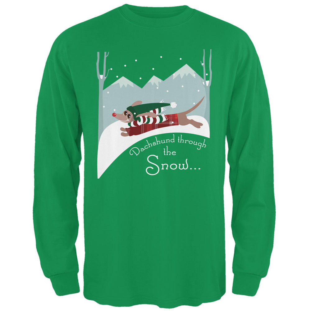 Christmas Dachshund Dashing Through the Snow Mens Long Sleeve T Shirt Men's Long Sleeves Old Glory 2XL Green 