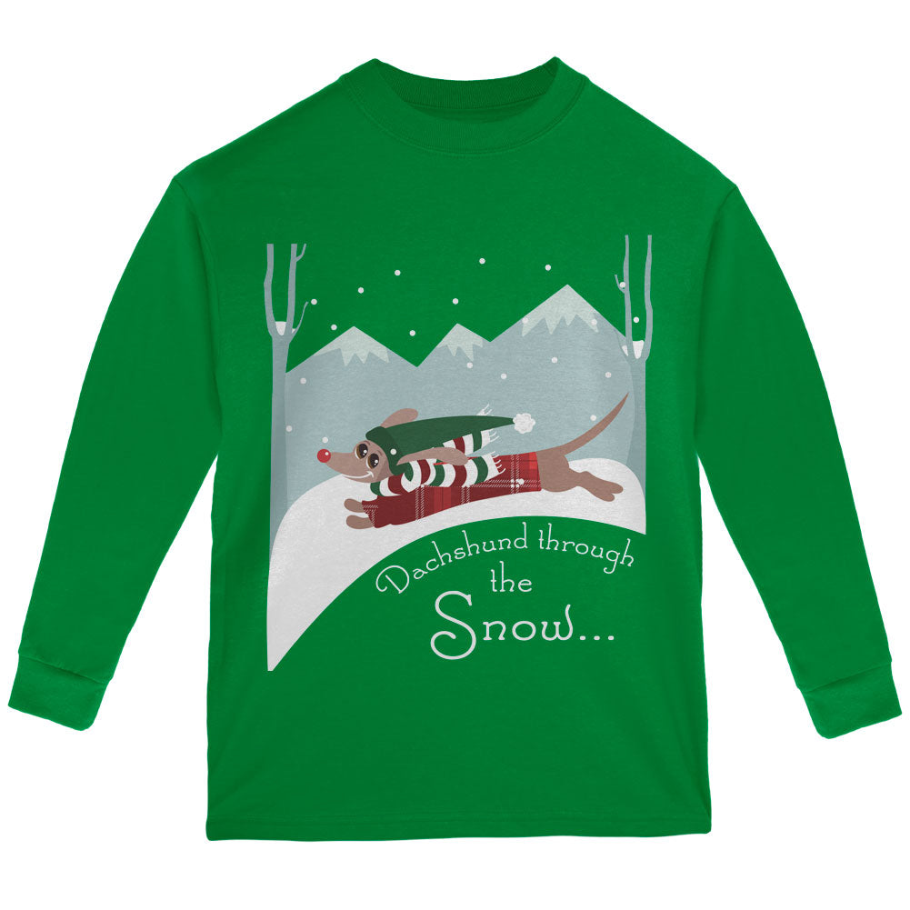 Christmas Dachshund Dashing Through the Snow Youth Long Sleeve T Shirt Youth Long Sleeves Old Glory YLG Green 