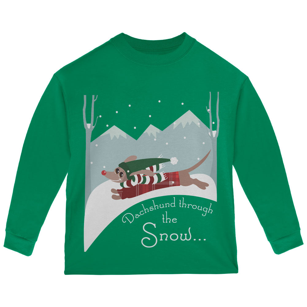 Christmas Dachshund Dashing Through the Snow Toddler Long Sleeve T Shirt Toddler Long Sleeves Old Glory 2T Green 