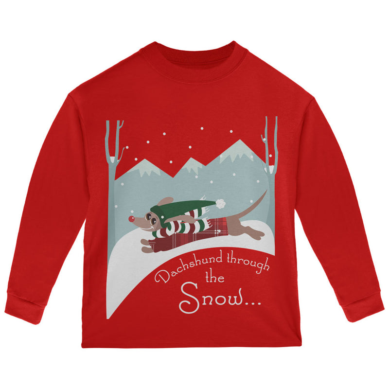 Christmas Dachshund Dashing Through the Snow Toddler Long Sleeve T Shirt Toddler Long Sleeves Old Glory 2T Red 