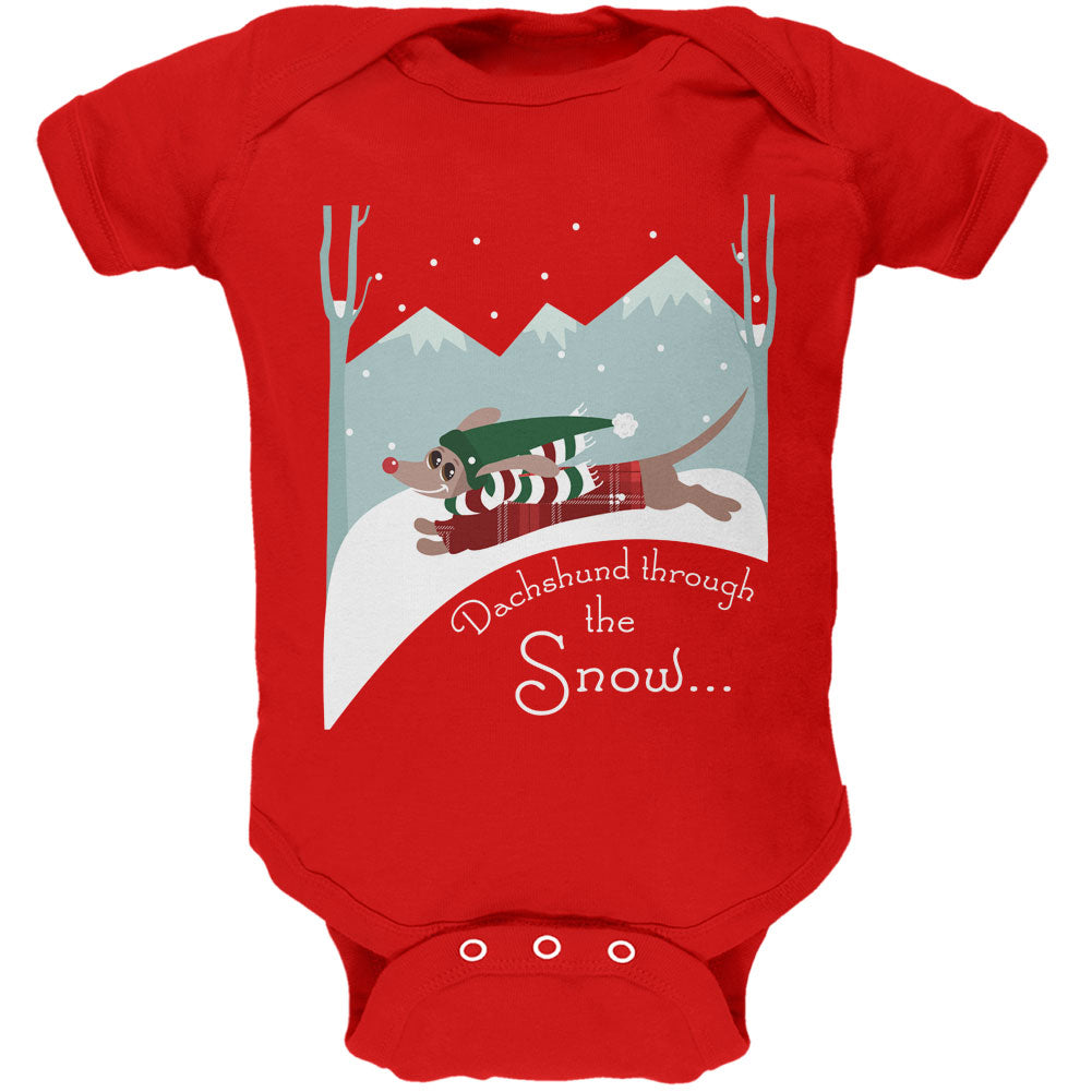 Christmas Dachshund Dashing Through the Snow Soft Baby One Piece Baby One Piece Old Glory 0-3M Red 