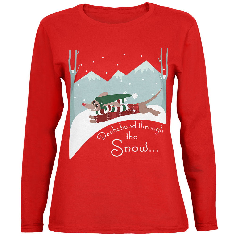 Christmas Dachshund Dashing Through the Snow Womens Long Sleeve T Shirt Women's Long Sleeves Old Glory 2XL Red 