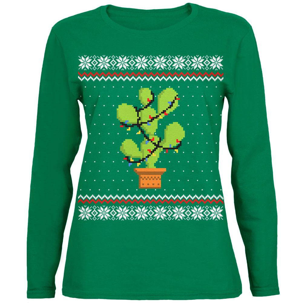 Cactus Prickly Pear Tree Ugly Christmas Sweater Womens Long Sleeve T Shirt Women's Long Sleeves Old Glory SM Green 