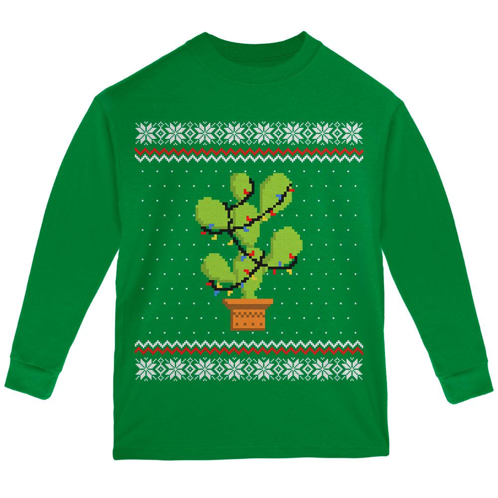 Cactus Prickly Pear Tree Ugly Christmas Sweater Youth Long Sleeve T Shirt Youth Long Sleeves Old Glory LG Green 