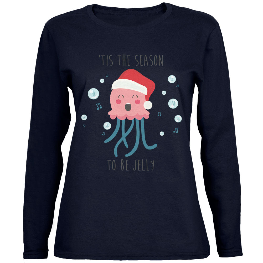 Christmas 'Tis the Season to be Jelly Jolly Jellyfish Pun Womens Long Sleeve T Shirt Women's Long Sleeves Old Glory 2XL Navy 