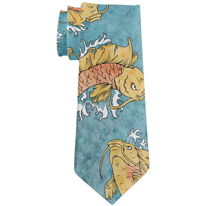 Japanese Gold Koi Fish Tattoo All Over Neck Tie Men's Neck Ties Old Glory OS Multicolor 