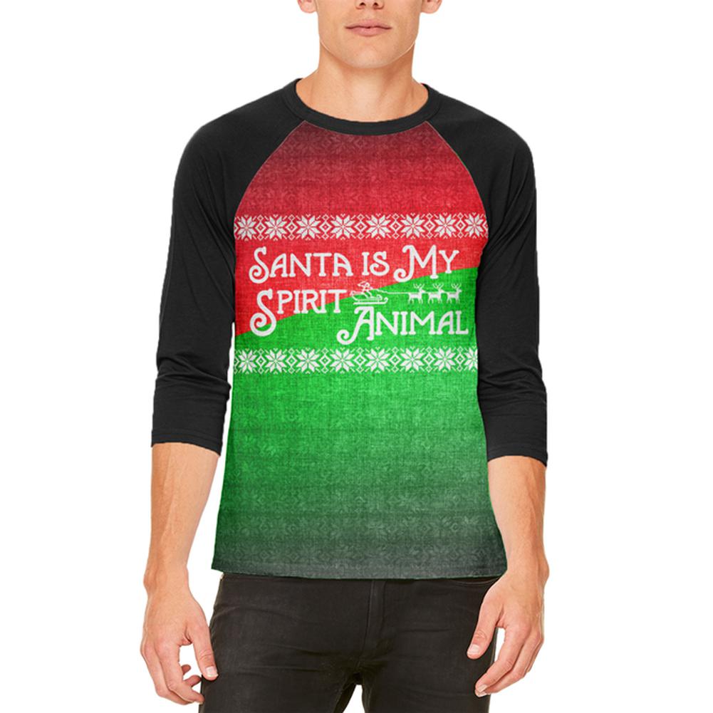 Christmas Santa is My Spirit Animal Sweater Mens Raglan T Shirt Men's T-Shirts Old Glory 2XL White-Black 