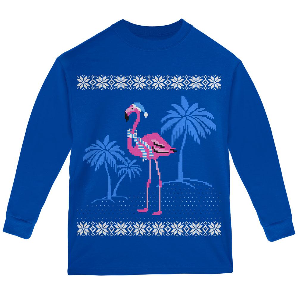 Flamingo Winter Ugly Christmas Sweater Youth Long Sleeve T Shirt Youth Long Sleeves Old Glory LG Royal 