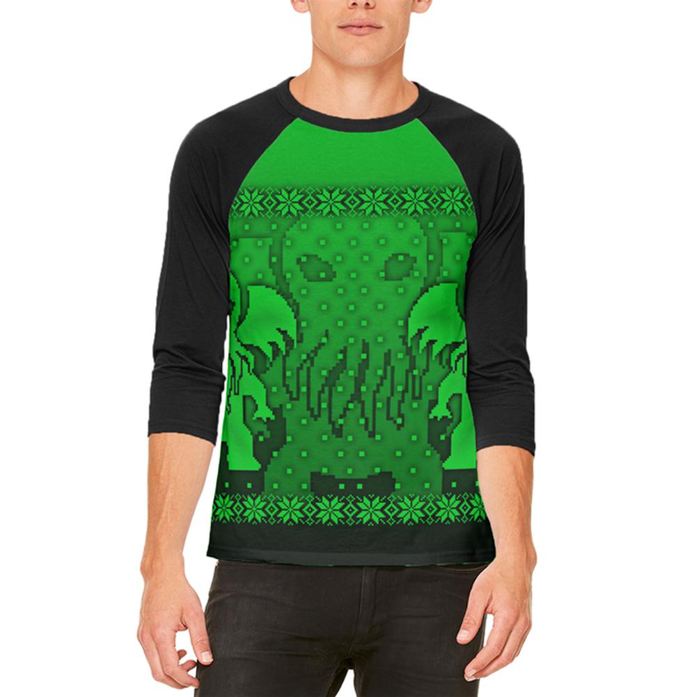 Ugly Christmas Sweater Big Cthulhu Greater Gods Mens Raglan T Shirt Men's Raglans Old Glory 2XL White-Black 