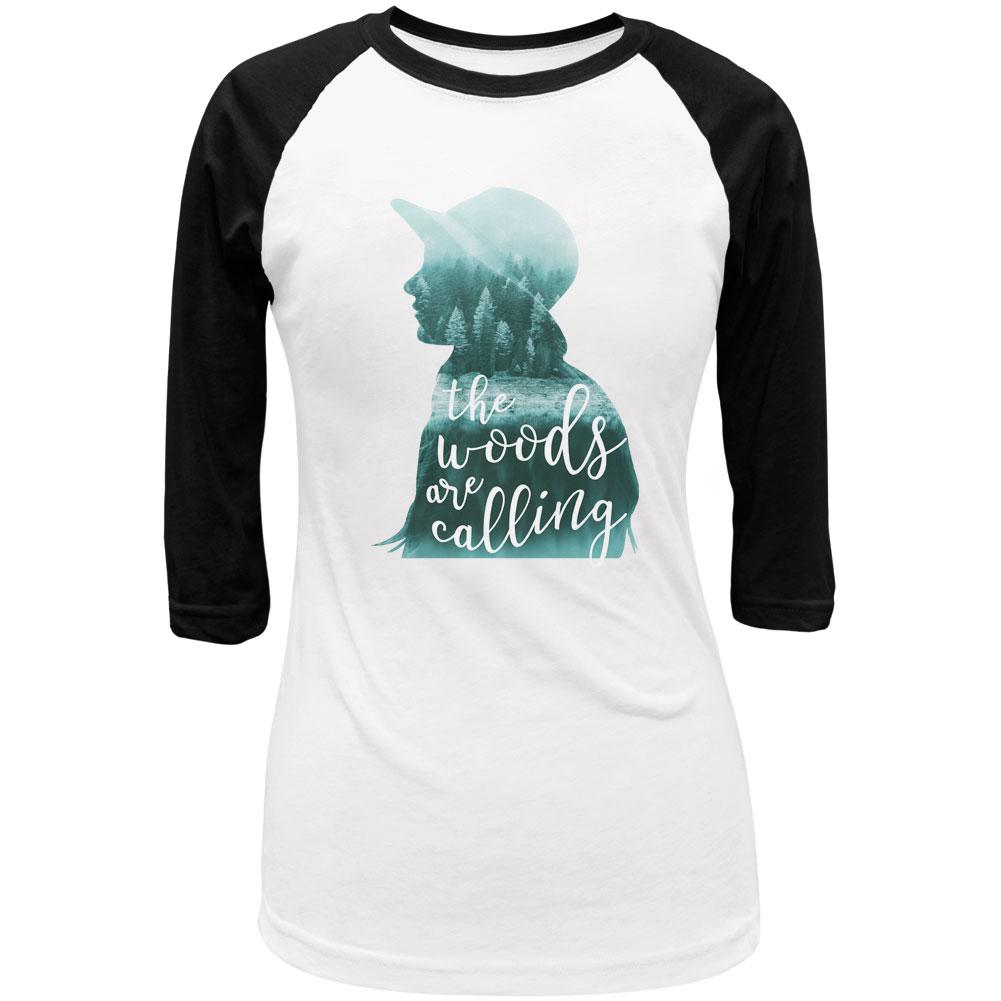 The Woods are Calling Pine Forest Girl Juniors 3/4 Sleeve Raglan T Shirt Juniors T-Shirts Old Glory LG White-Black 