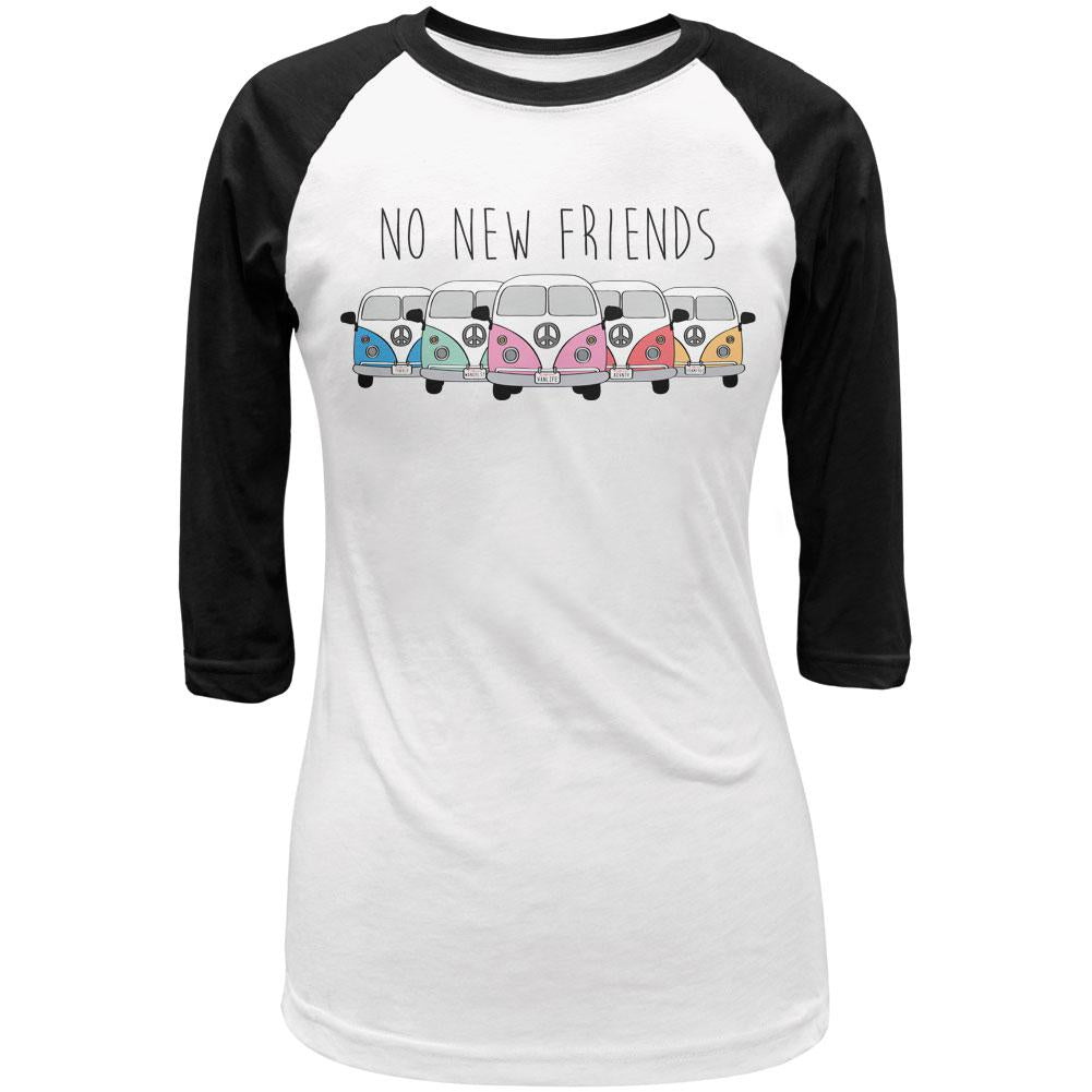 Hippie Van No New Friends Bus Camper Juniors 3/4 Sleeve Raglan T Shirt Juniors T-Shirts Old Glory LG White-Black 