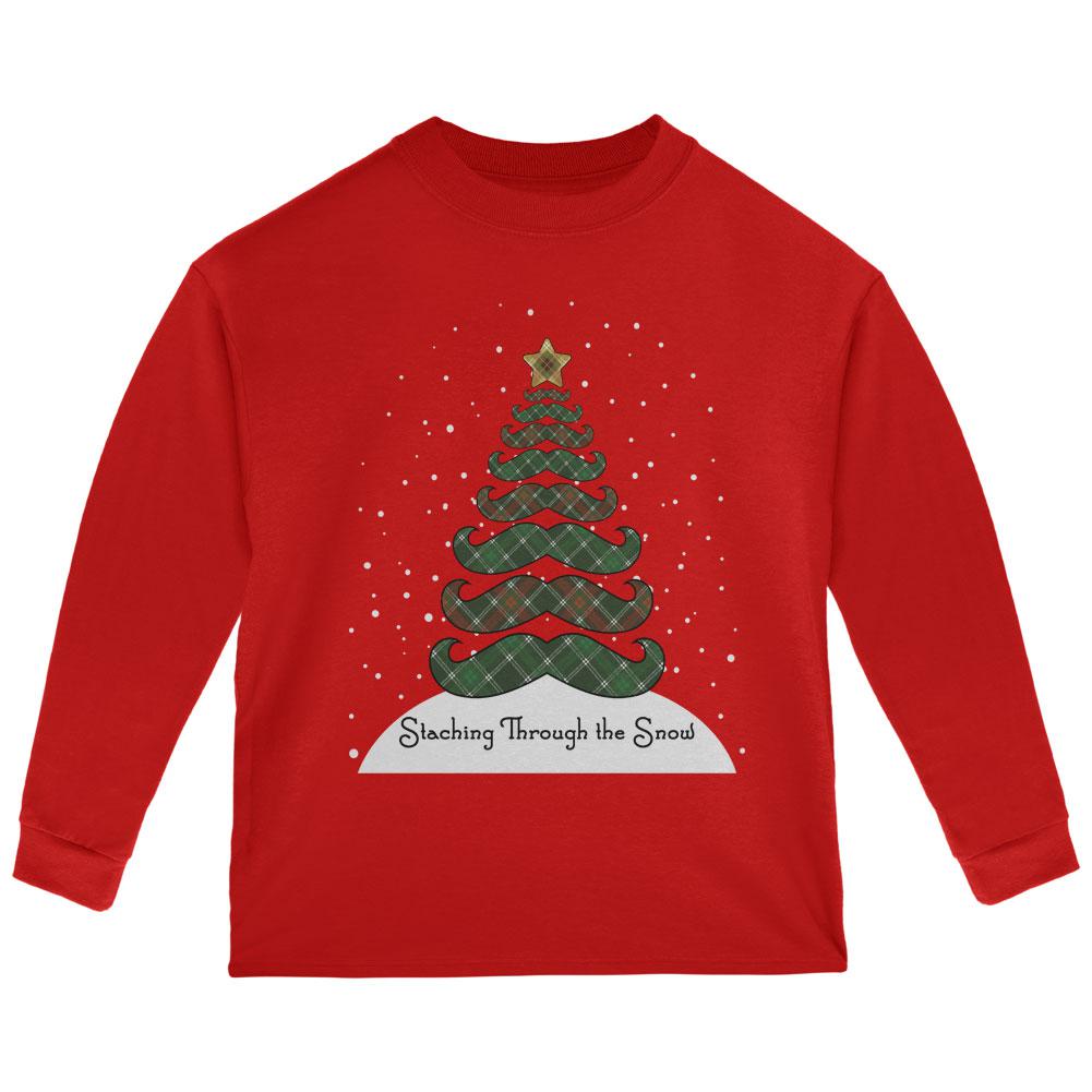 Christmas Staching Dashing Through the Snow Mustache Pun Toddler Long Sleeve T Shirt Toddler Long Sleeves Old Glory 2T Red 