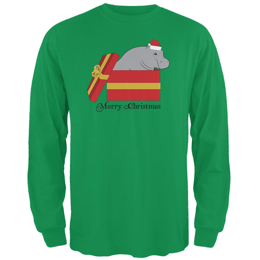 Merry Christmas Hippo Hippopotamus Cute Mens Long Sleeve T Shirt Men's Long Sleeves Old Glory LG Irish Green 