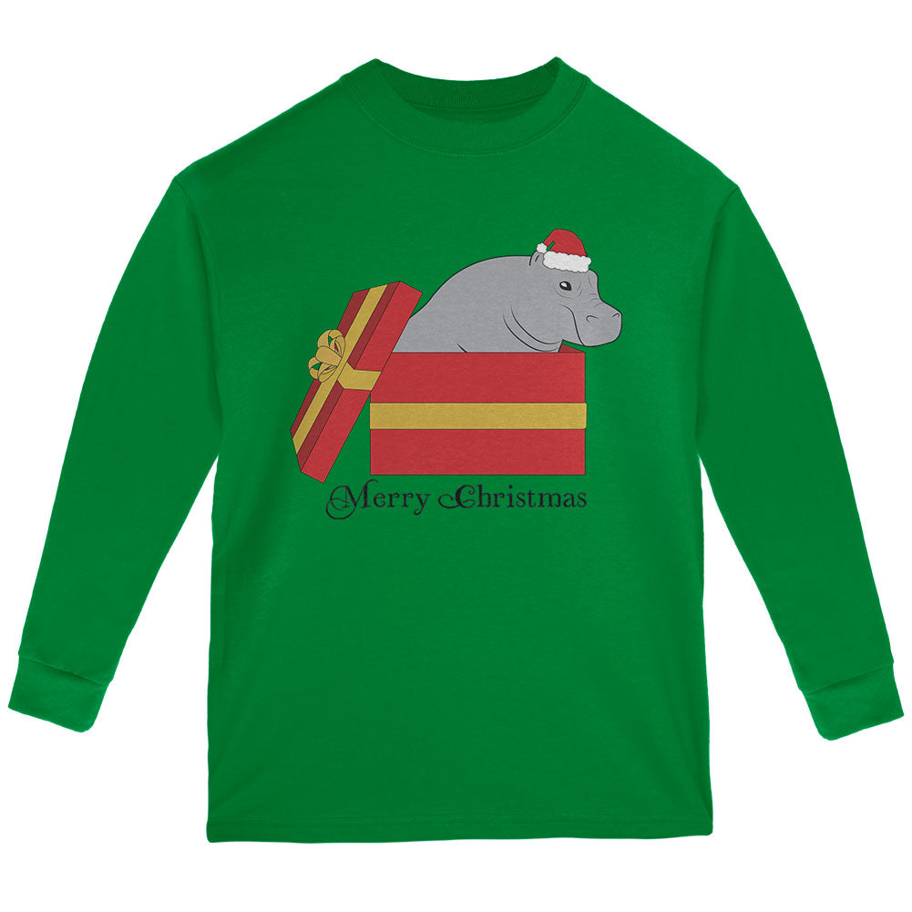 Merry Christmas Hippo Hippopotamus Cute Youth Long Sleeve T Shirt Youth Long Sleeves Old Glory YLG Green 