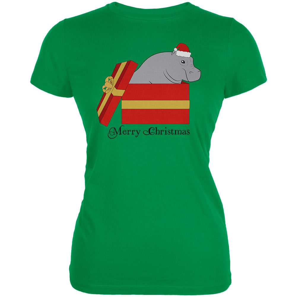 Merry Christmas Hippo Hippopotamus Cute Juniors Soft T Shirt Juniors T-Shirts Old Glory 2XL Irish Green 