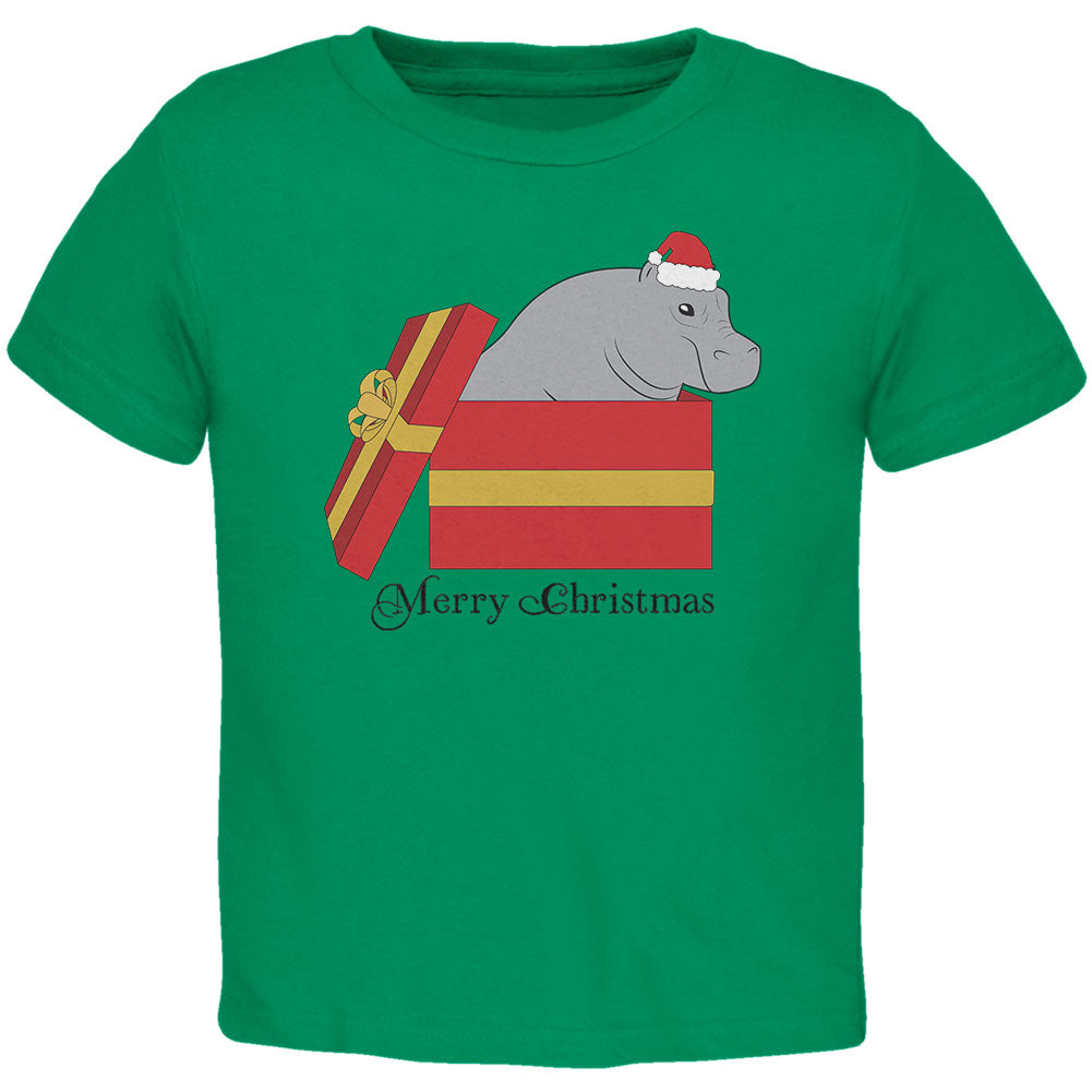 Merry Christmas Hippo Hippopotamus Cute Toddler T Shirt Toddler T-Shirts Old Glory 2T Kelly Green 