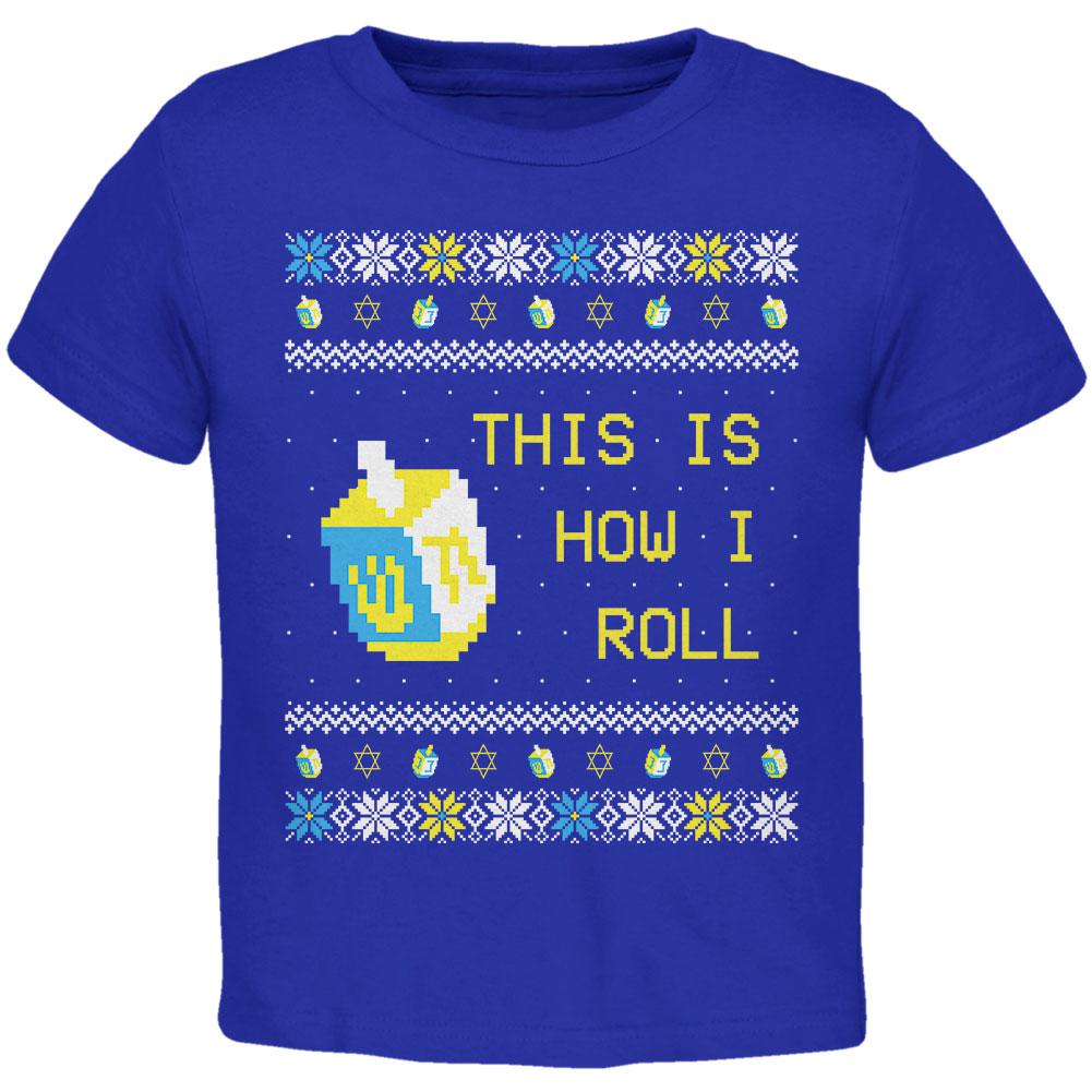 Hanukkah This is How I Roll Dreidel Ugly Christmas Sweater Toddler T Shirt Toddler T-Shirts Old Glory 2T Blue 