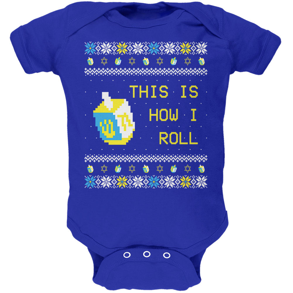 Hanukkah This is How I Roll Dreidel Ugly Christmas Sweater Royal Soft Baby One Piece Baby One Piece Old Glory 0-3M Royal 