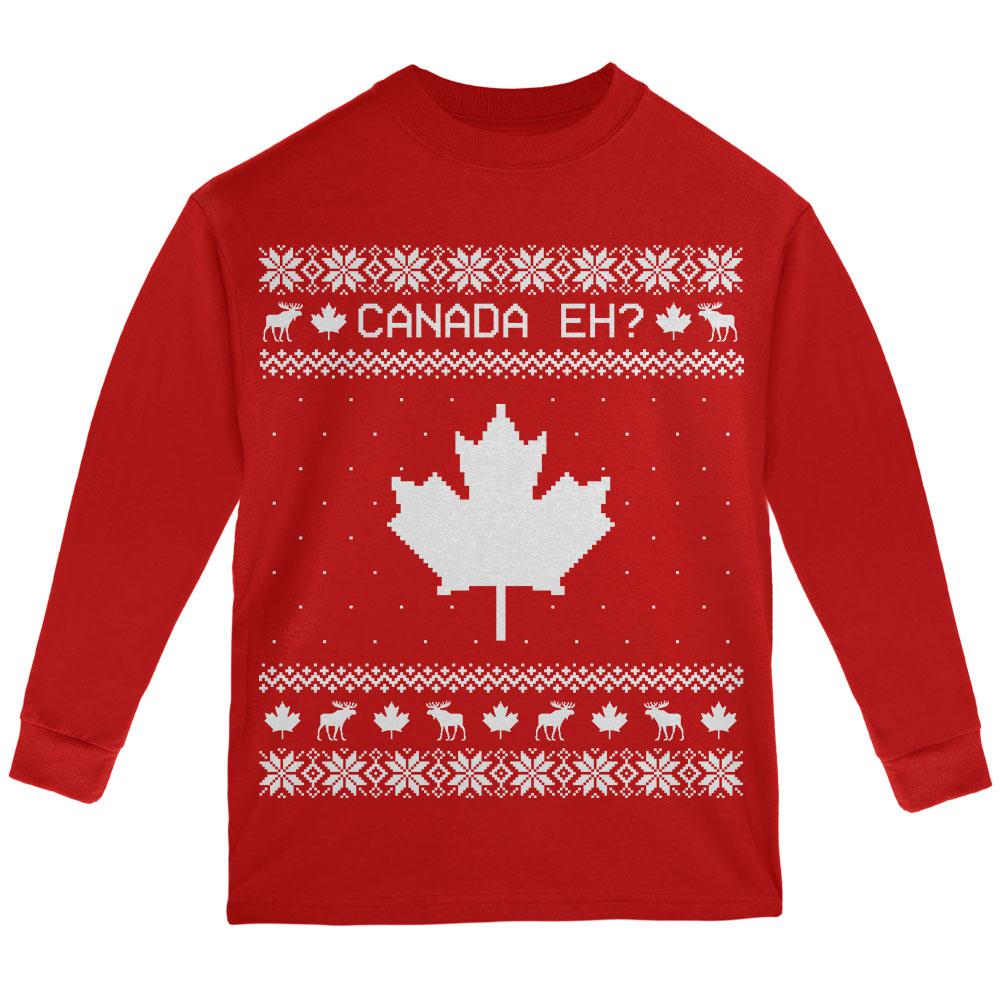 Canadian Canada Eh Ugly Christmas Sweater Youth Long Sleeve T Shirt Youth Long Sleeves Old Glory LG Red 