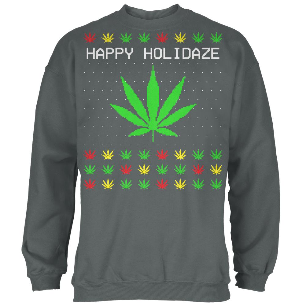 Pot Leaf Rasta Happy Holidaze Ugly Christmas Sweater Mens Sweatshirt Men's Sweatshirts Old Glory SM Grey 