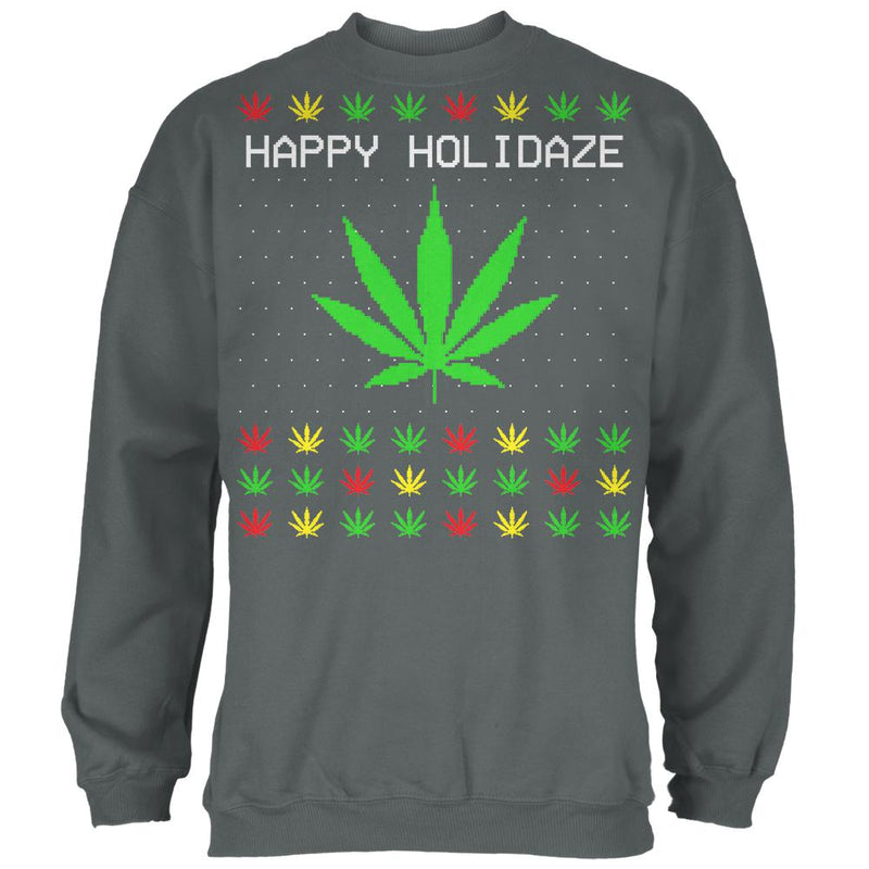 Pot Leaf Rasta Happy Holidaze Ugly Christmas Sweater Mens Sweatshirt Men's Sweatshirts Old Glory SM Grey 