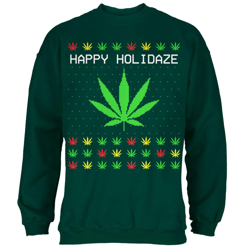 Pot Leaf Rasta Happy Holidaze Ugly Christmas Sweater Mens Sweatshirt Men's Sweatshirts Old Glory SM Green 