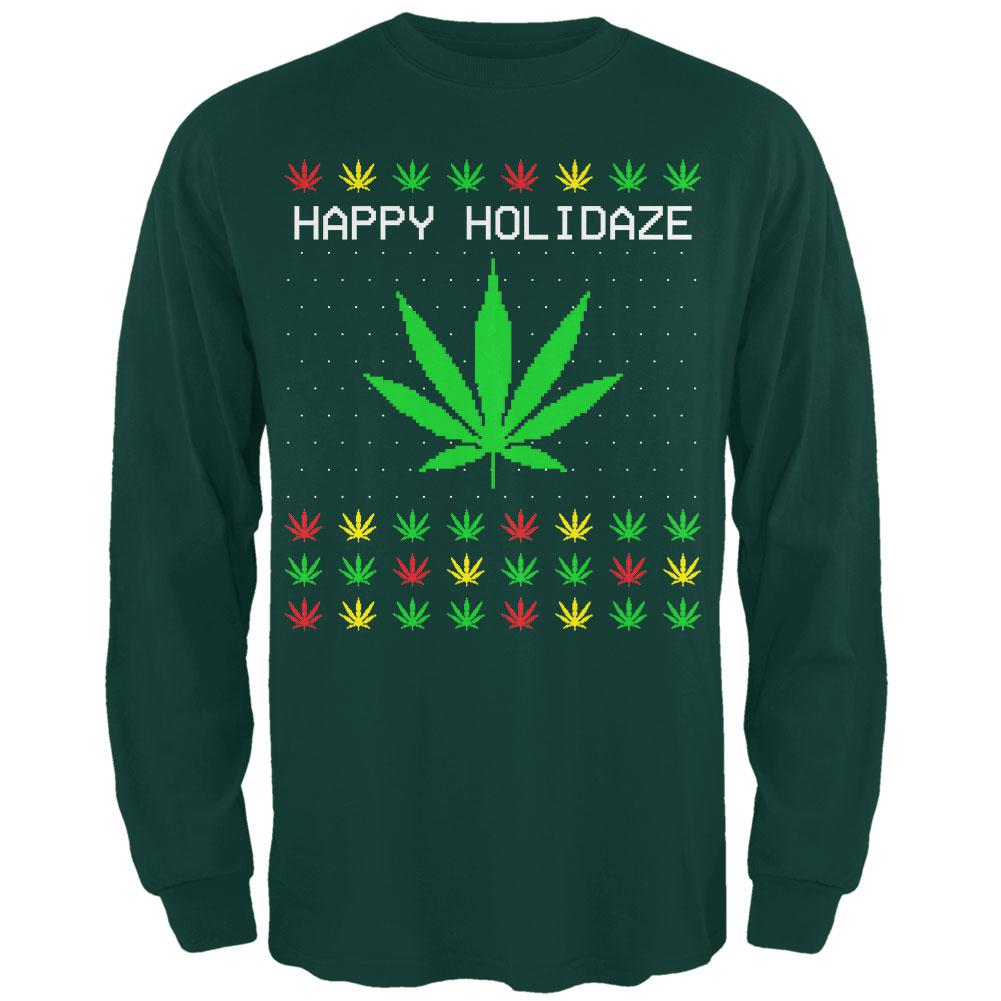 Pot Leaf Rasta Happy Holidaze Holidays Ugly Christmas Sweater Mens Long Sleeve T Shirt Men's Long Sleeves Old Glory 2XL Forest Green 