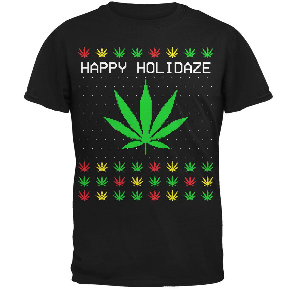 Pot Leaf Rasta Happy Holidaze Holidays Ugly Christmas Sweater Mens T Shirt Men's T-Shirts Old Glory 2XL Black 