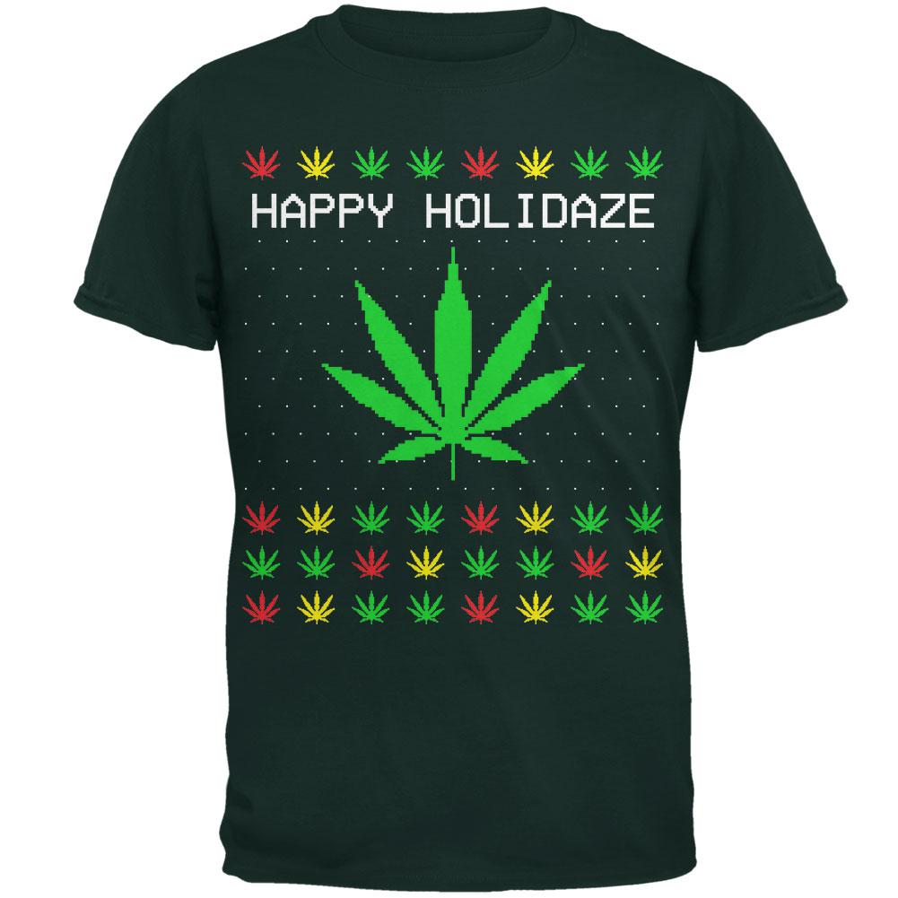 Pot Leaf Rasta Happy Holidaze Holidays Ugly Christmas Sweater Mens T Shirt Men's T-Shirts Old Glory 2XL Forest Green 