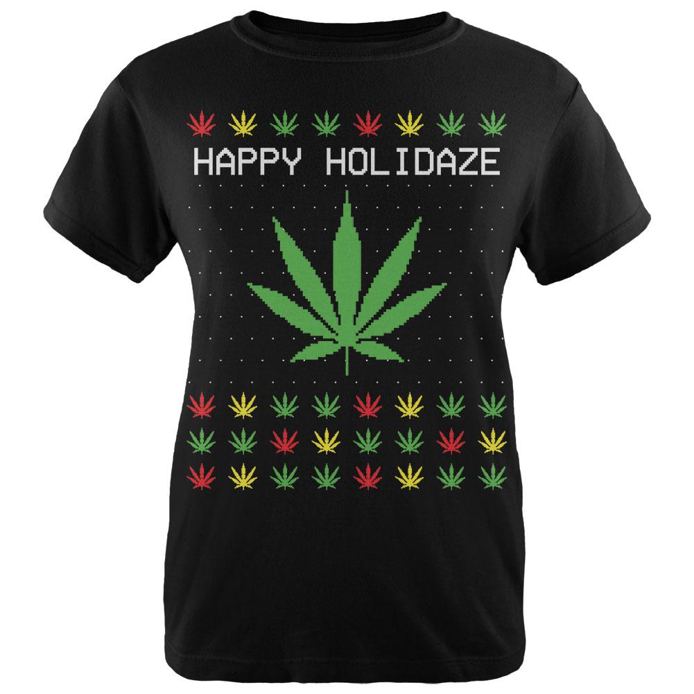 Pot Leaf Rasta Happy Holidaze Holidays Ugly Christmas Sweater Womens Organic T Shirt Women's T-Shirts Old Glory LG Black 