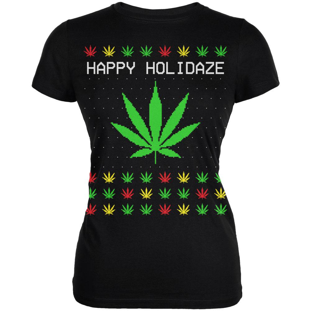 Pot Leaf Rasta Happy Holidaze Holidays Ugly Christmas Sweater Juniors Soft T Shirt Juniors T-Shirts Old Glory 2XL Black 