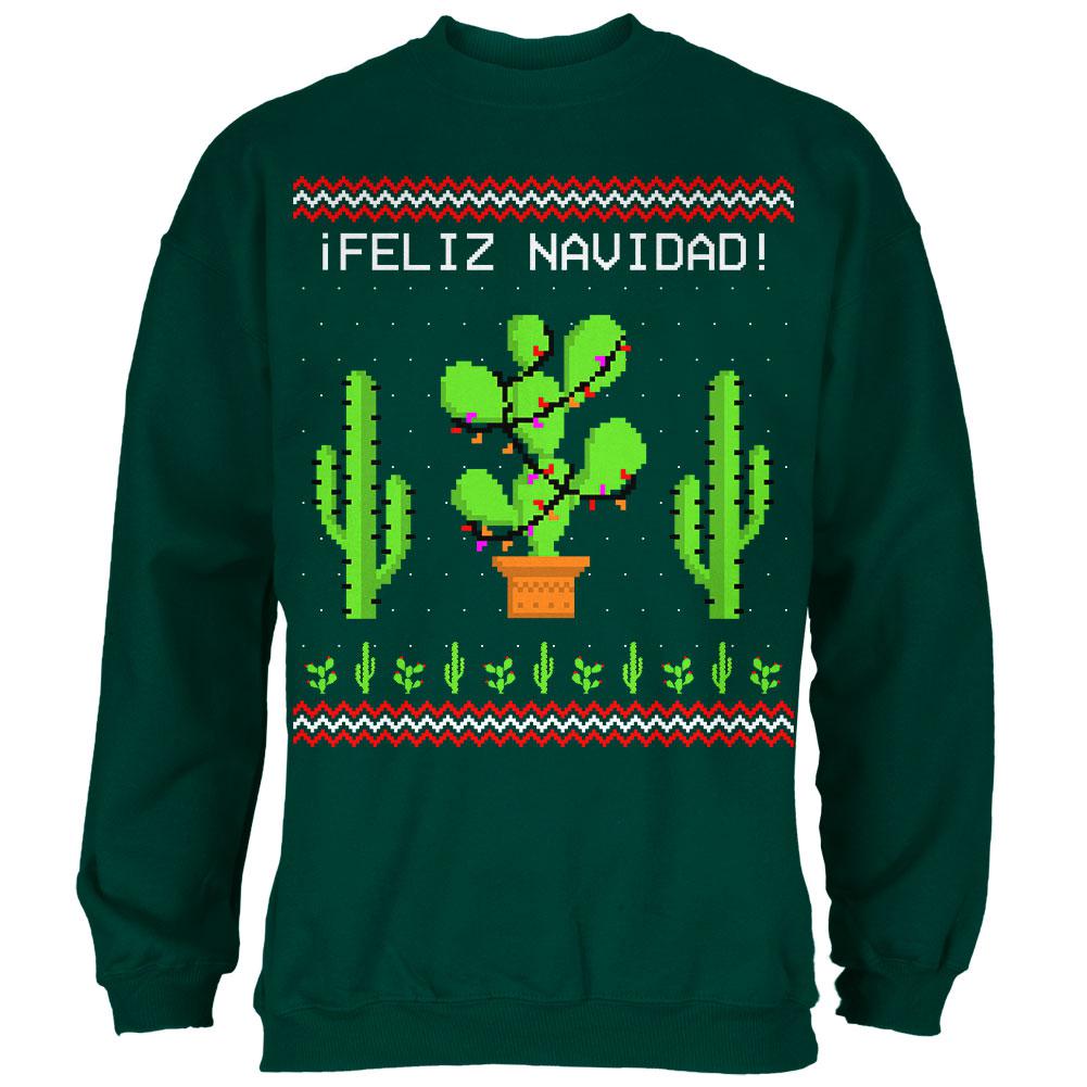 Cactus Desert Feliz Navidad Ugly Christmas Sweater Mens Sweatshirt Men's Sweatshirts Old Glory SM Forest Green 