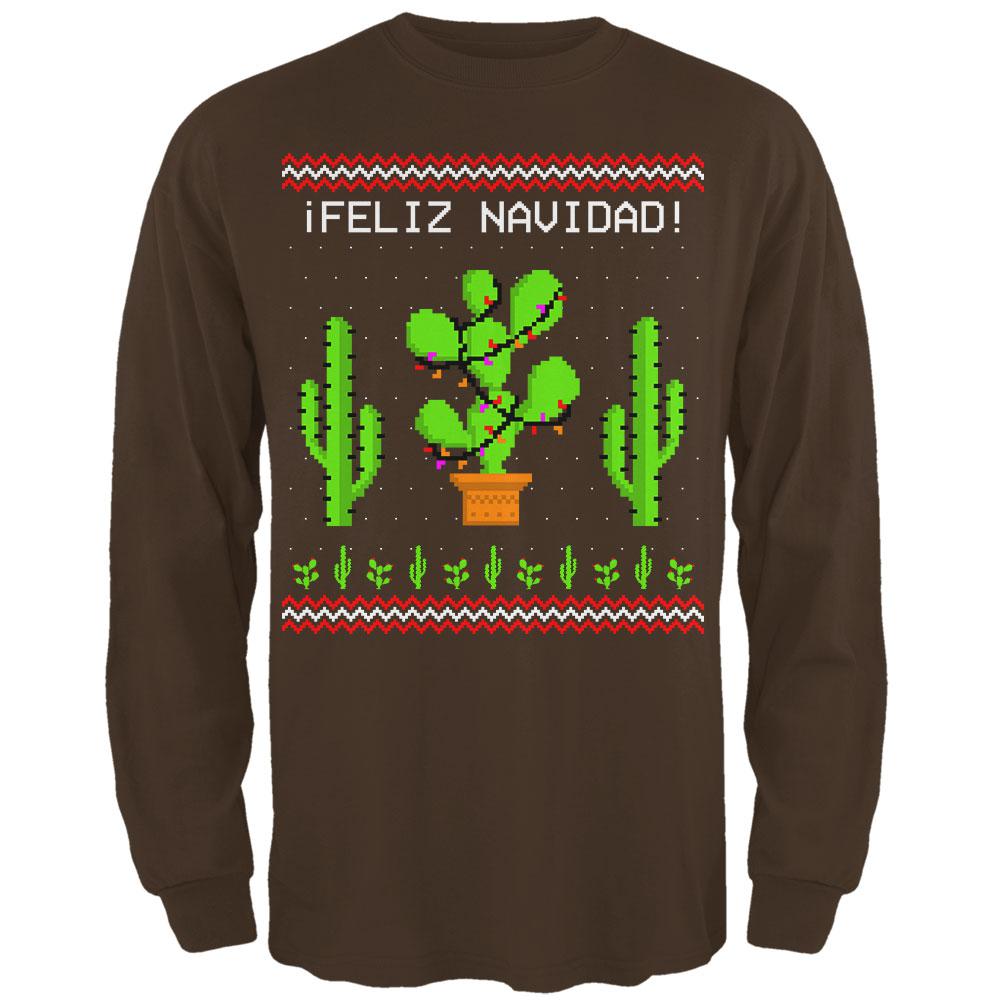 Cactus Desert Feliz Navidad Ugly Christmas Sweater Mens Long Sleeve T Shirt Men's Long Sleeves Old Glory 2XL Brown 