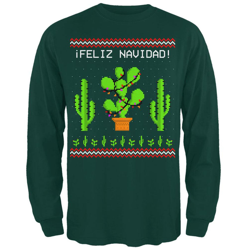 Cactus Desert Feliz Navidad Ugly Christmas Sweater Mens Long Sleeve T Shirt Men's Long Sleeves Old Glory 2XL Forest Green 