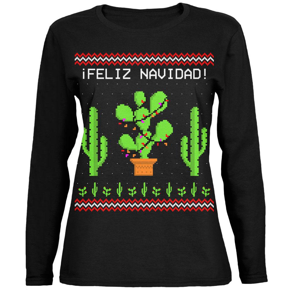 Cactus Desert Feliz Navidad Ugly Christmas Sweater Ladies' Relaxed Jersey Long-Sleeve Tee Women's Long Sleeves Old Glory 2XL Black 