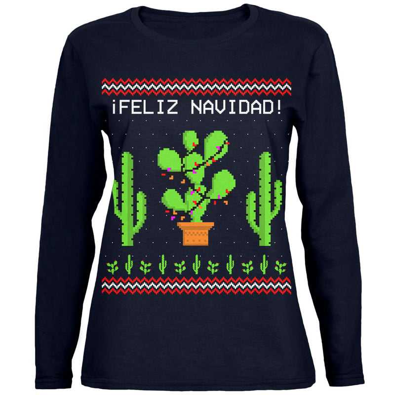 Cactus Desert Feliz Navidad Ugly Christmas Sweater Ladies' Relaxed Jersey Long-Sleeve Tee Women's Long Sleeves Old Glory 2XL Navy 