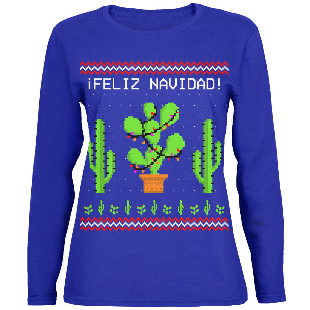 Cactus Desert Feliz Navidad Ugly Christmas Sweater Ladies' Relaxed Jersey Long-Sleeve Tee Women's Long Sleeves Old Glory 2XL Blue 