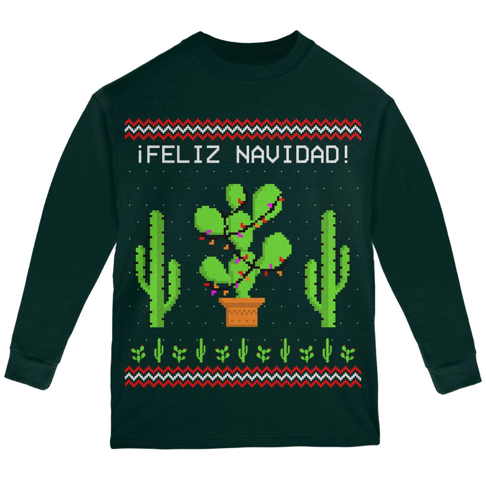 Cactus Desert Feliz Navidad Ugly Christmas Sweater Youth Long Sleeve T Shirt Youth Long Sleeves Old Glory LG Forest Green 