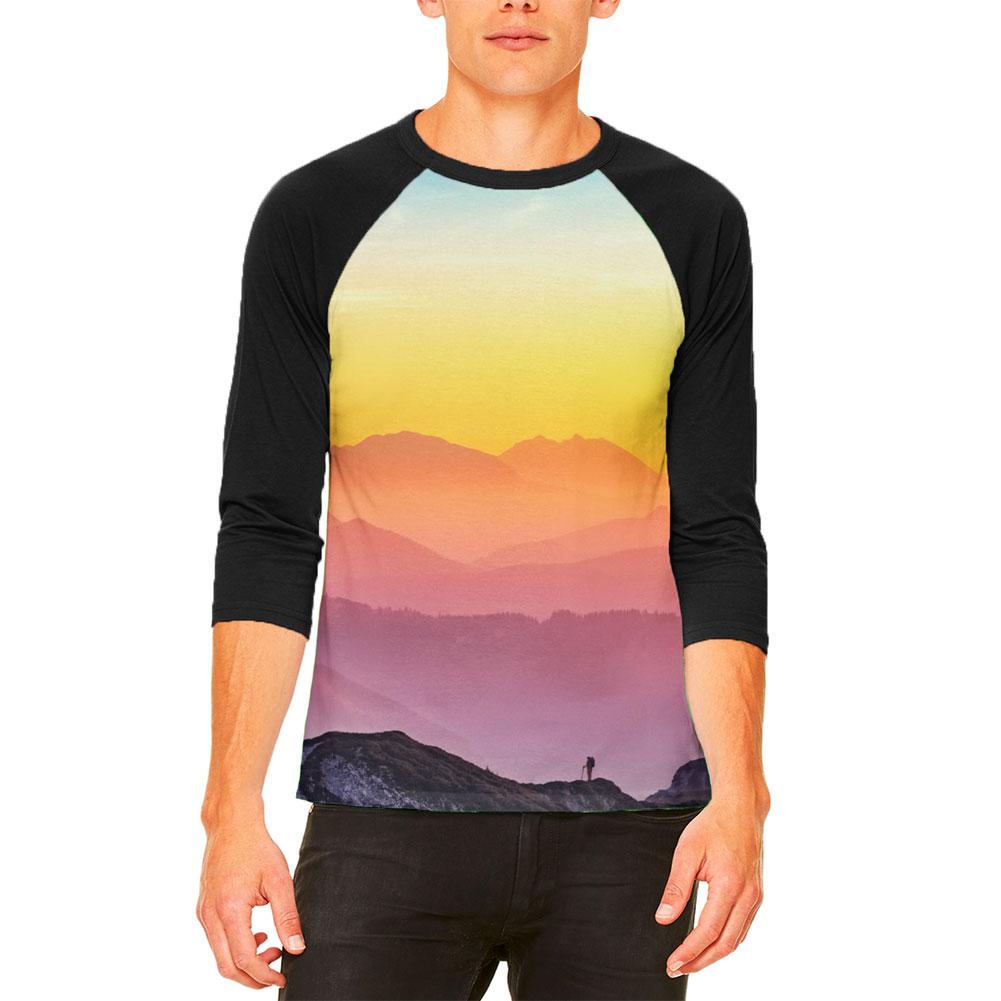 Rainbow Sunset Mountains Mens Raglan T Shirt Men's T-Shirts Old Glory 2XL White-Black 