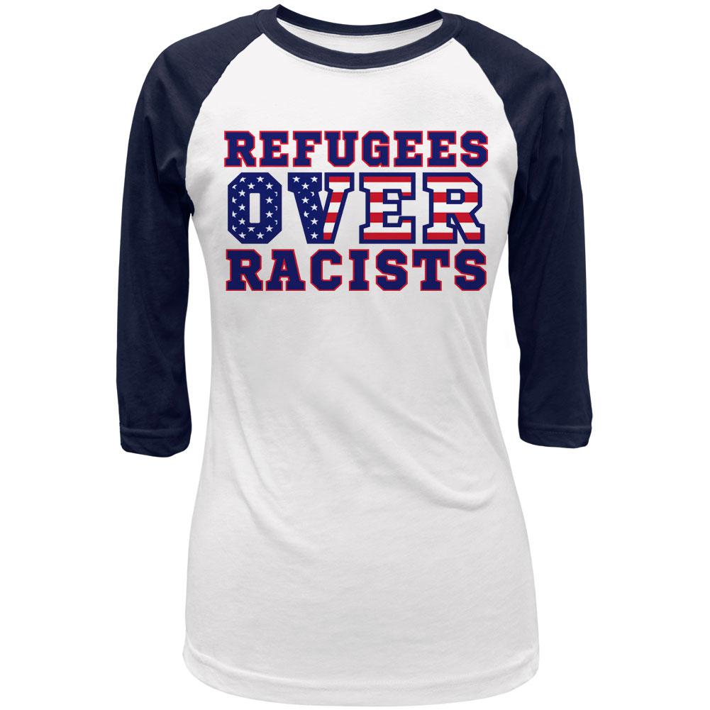 Activist Refugees Over Racists America Juniors 3/4 Raglan T Shirt Juniors T-Shirts Old Glory 2XL White-Navy 