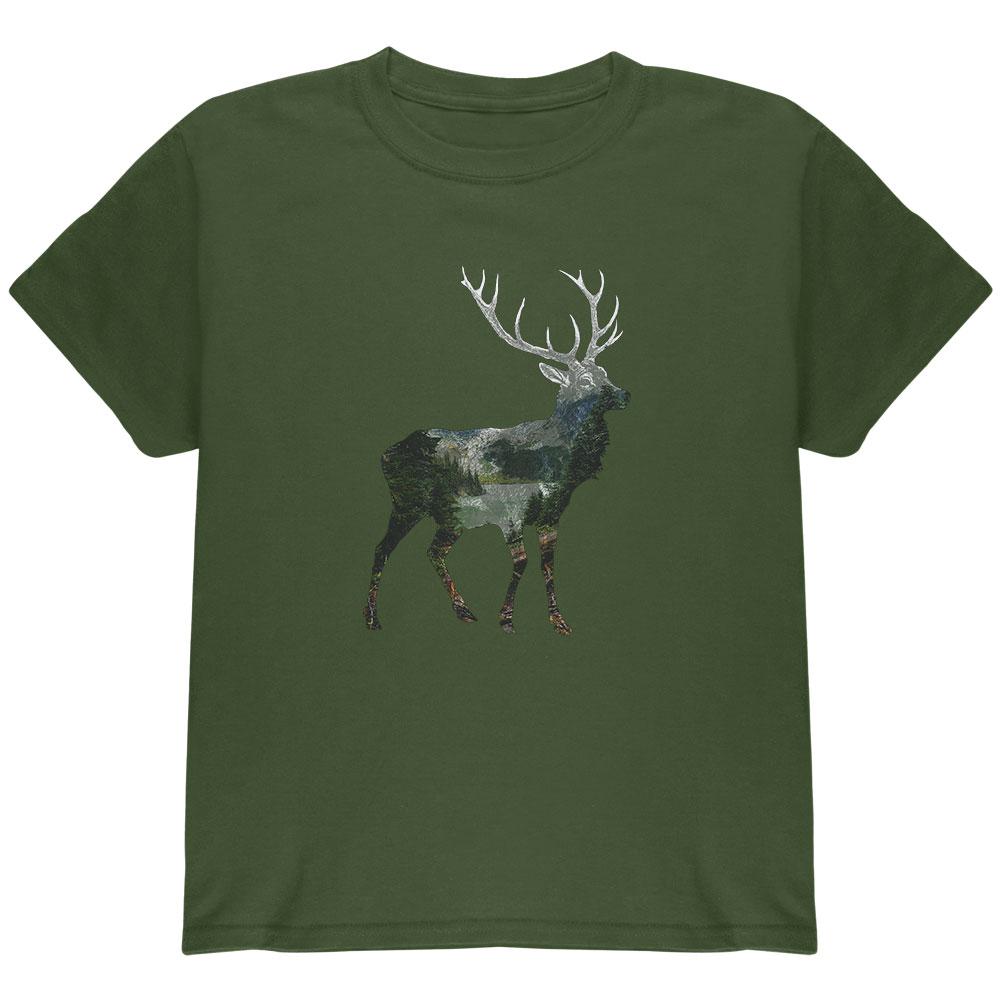 Deer Forest Nature Hiking Hunting Youth T Shirt Youth T-Shirts Old Glory LG Military Green 