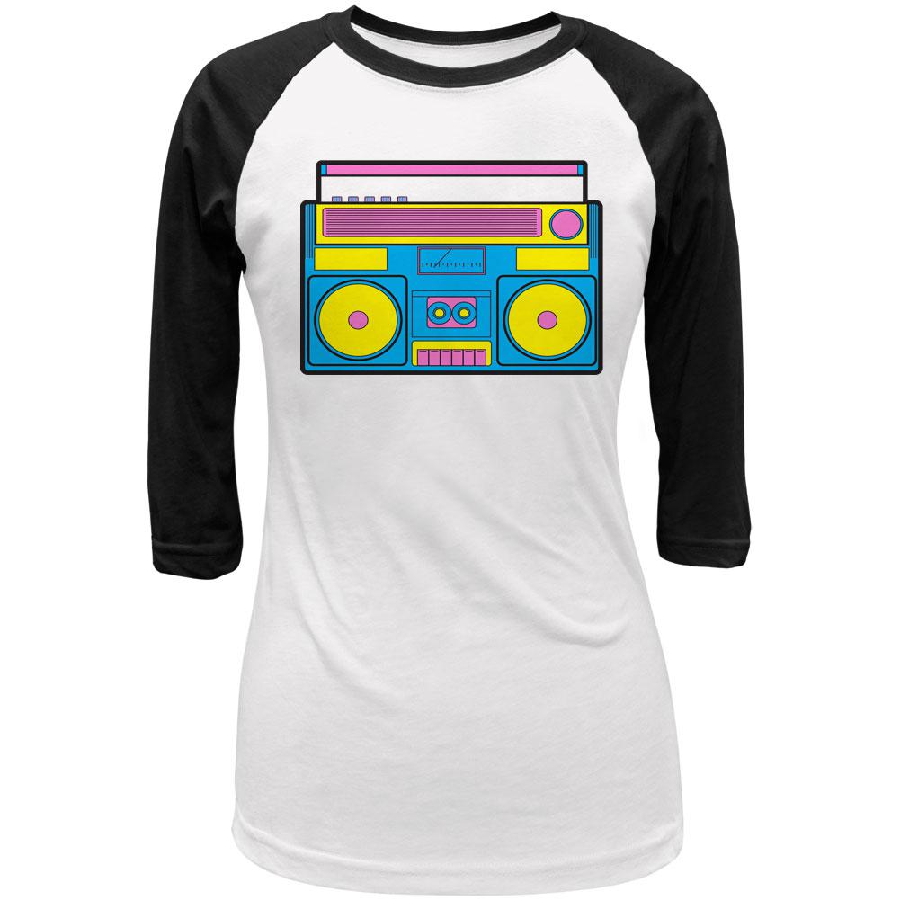 Blue Retro Boombox Stereo Juniors 3/4 Sleeve Raglan T Shirt Juniors T-Shirts Old Glory LG White-Black 