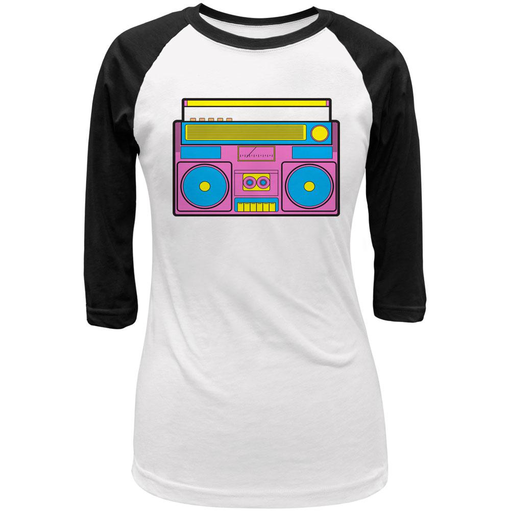 Pink Retro Boombox Stereo Juniors 3/4 Sleeve Raglan T Shirt Juniors T-Shirts Old Glory LG White-Black 