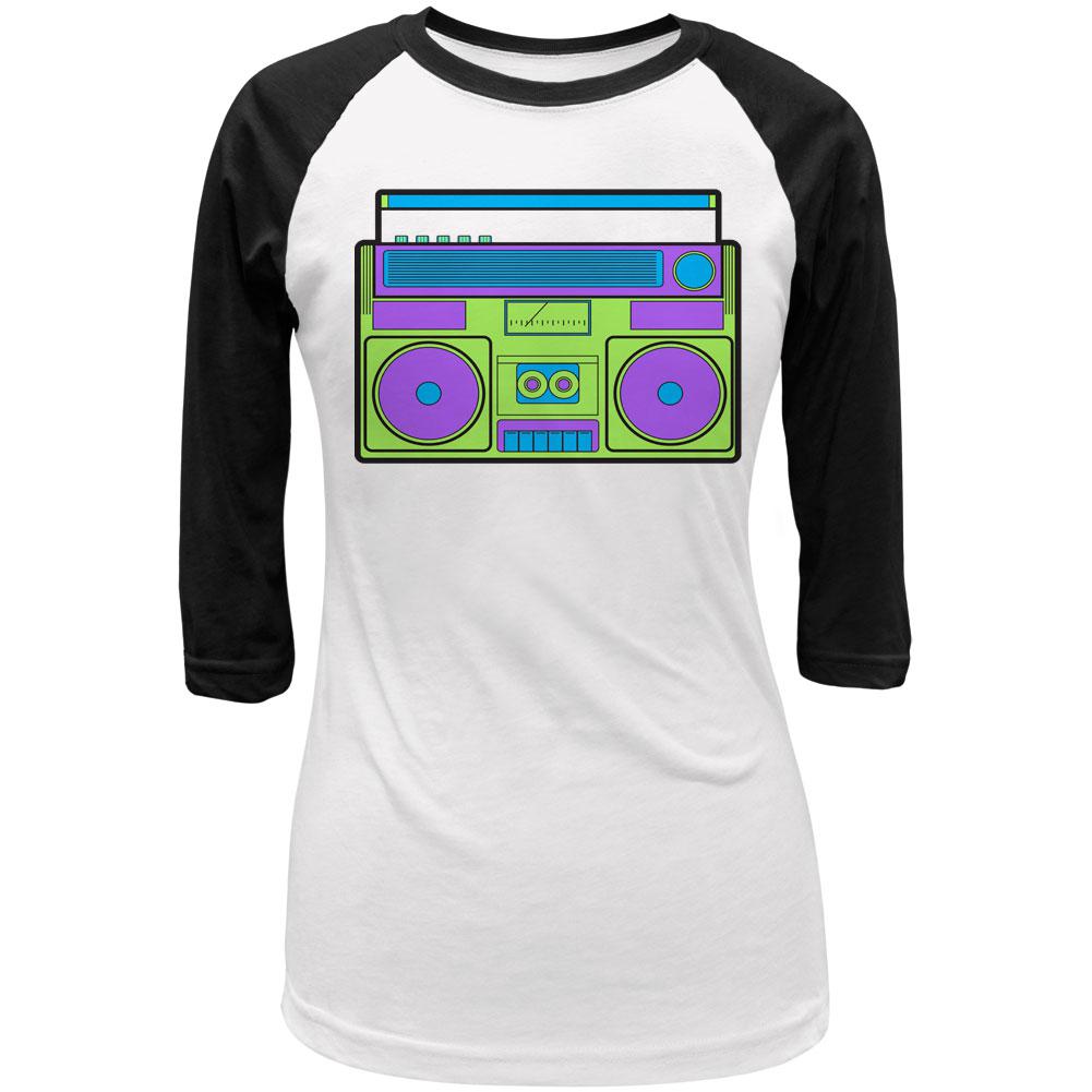 Green Retro Boombox Stereo Juniors 3/4 Sleeve Raglan T Shirt Juniors T-Shirts Old Glory LG White-Black 