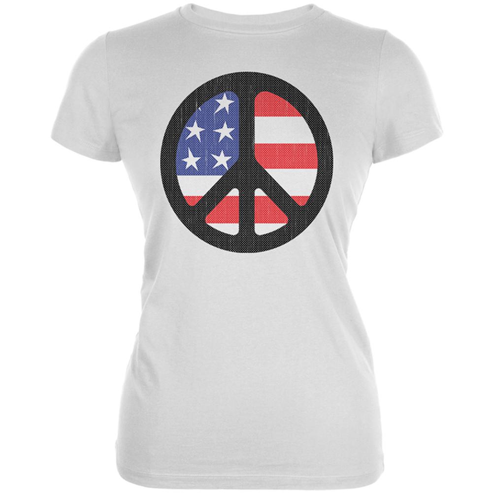 4th of July American Flag Peace Sign Distressed Halftone Juniors Soft T Shirt Juniors T-Shirts Old Glory 2XL White 