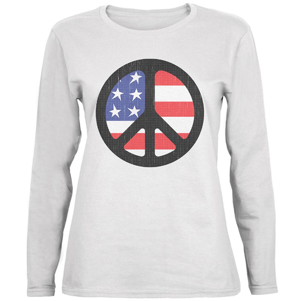 4th of July American Flag Peace Sign Distressed Halftone Ladies' Relaxed Jersey Long-Sleeve Tee Women's Long Sleeves Old Glory 2XL White 