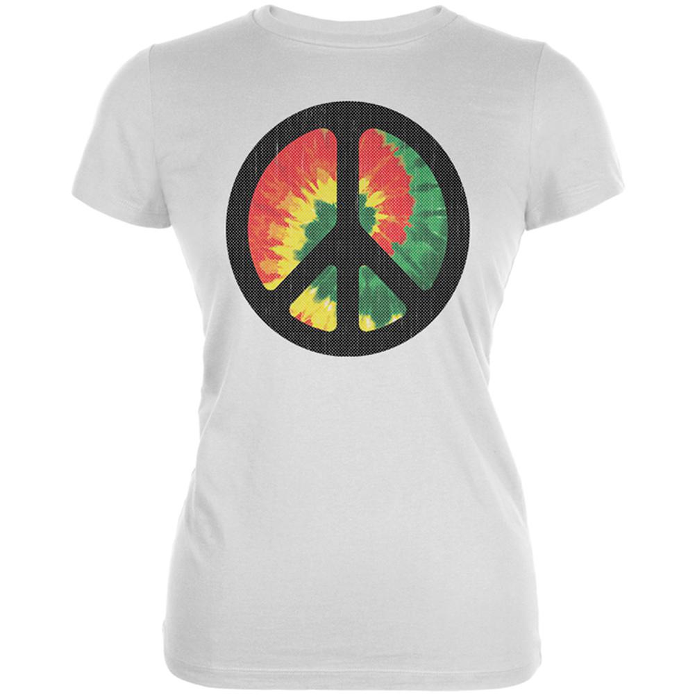 Rasta Tie Dye Peace Sign Distressed Halftone Juniors Soft T Shirt Juniors T-Shirts Old Glory 2XL White 