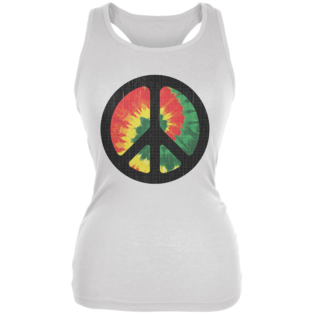 Rasta Tie Dye Peace Sign Distressed Halftone Juniors Soft Tank Top Juniors Tank Tops Old Glory 2XL White 